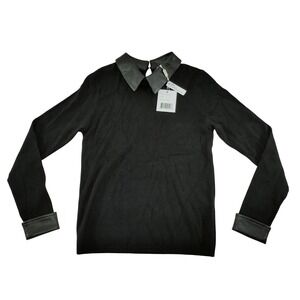 Siani Milano Womens Black Faux Leather Collar Cuff Long Sleeve Sweater Size XS